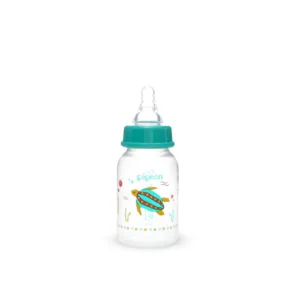 Pigeon Vibrant Compact Flexible Feeder baby bottle for 0+ months featuring a colorful swimming sea turtle print with a teal collar cap.