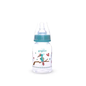 Pigeon Compact Colorful Flexible Feeder bottle for 0+ months featuring a colorful hornbill bird print and a teal collar cap.