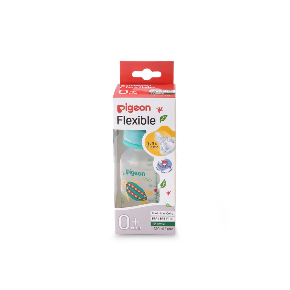 27-1 Pigeon Vibrant Compact Flexible Feeder baby bottle for 0+ months featuring a colorful swimming sea turtle print with a teal collar cap.