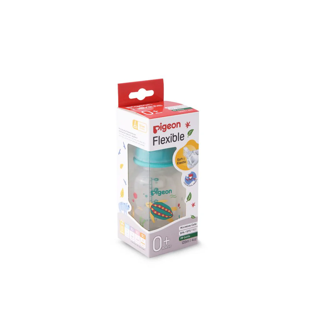 28-1 Pigeon Vibrant Compact Flexible Feeder baby bottle for 0+ months featuring a colorful swimming sea turtle print with a teal collar cap.