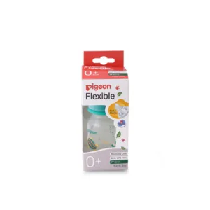 Pigeon Vibrant Compact Flexible Feeder baby bottle for 0+ months featuring a colorful swimming sea turtle print with a teal collar cap.
