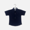 Boys short-sleeve navy blue casual button-down shirt featuring a subtle woven checkered texture hanging on a white branded hanger.