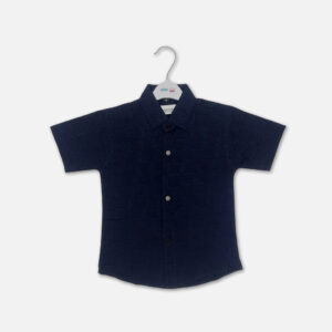 Boys short-sleeve navy blue casual button-down shirt featuring a subtle woven checkered texture hanging on a white branded hanger.
