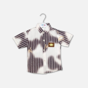 Boys short-sleeve button-down shirt featuring a dark brown vertical stripe and white tie-dye cloud pattern with a brown rectangular chest patch hanging on a branded hanger.