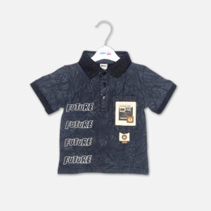 A premium boys dark grey textured polo t-shirt with short sleeves, a solid dark collar, stacked white "FUTURE" lettering on the side, and a collection active graphic patch on the chest pocket area, shown hanging on a white hanger.