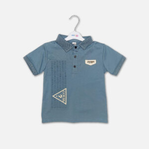 A toddler boys' short-sleeve polo shirt in blue-gray, featuring a textured collar with three buttons, a small chest patch, and a vertical text graphic print with a triangle design on the front, hanging on a white hanger.