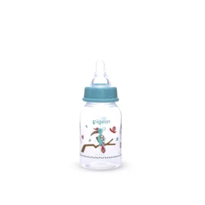 Pigeon Compact Colorful Flexible Feeder bottle for 0+ months featuring a colorful hornbill bird print and a teal collar cap.