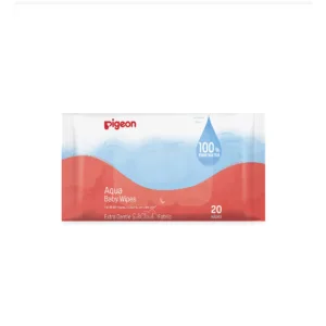The back packaging of a Pigeon Aqua Baby Wipes pack with a red and light blue design, showing product descriptions, ingredients, caution details, and a barcode on a clean white background.