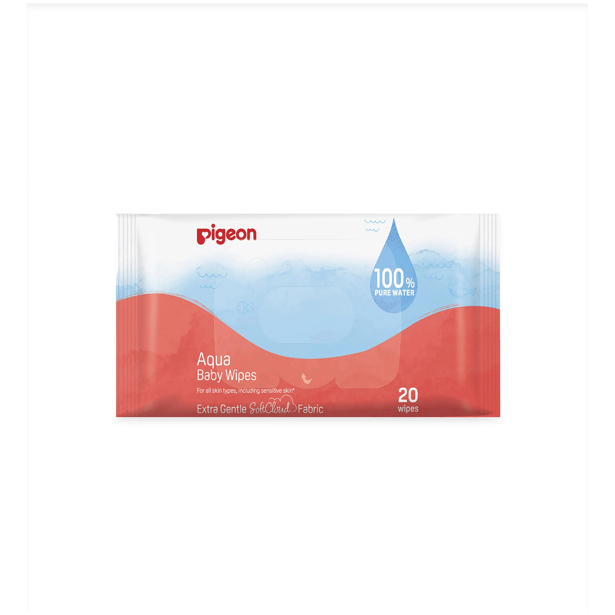 4rzKu2Cys0iuDFYkU2vPEBvfBRe4B48bPFPSWk69 The back packaging of a Pigeon Aqua Baby Wipes pack with a red and light blue design, showing product descriptions, ingredients, caution details, and a barcode on a clean white background.