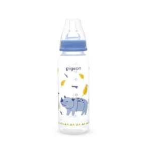 Pigeon Flexible standard neck PP RP feeder bottle 240ml featuring a blue rhino and falling leaves illustration with a matching blue collar cap.