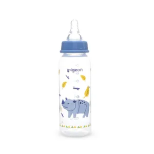 Pigeon Flexible standard neck PP RP feeder bottle 240ml featuring a blue rhino and falling leaves illustration with a matching blue collar cap.