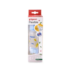 Pigeon Flexible standard neck PP RP feeder bottle 240ml featuring a blue rhino and falling leaves illustration with a matching blue collar cap.