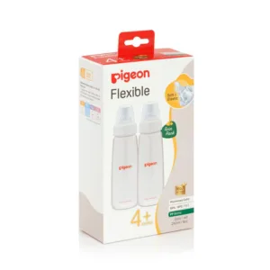A twin pack containing two clear Pigeon Flexible Peristaltic nursing bottles (240ml) with the red Pigeon logo and clean white collar caps.