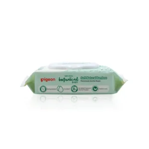 A front view of a 70-pack of Pigeon Natural Botanical Baby Soft Natural Bamboo Wipes featuring a light green botanical leaf and giraffe design, a white plastic flip-top lid, and product icons highlighting pure water, biodegradable material, and zero added fragrance or alcohol.