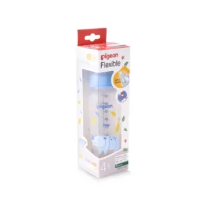 Pigeon Flexible standard neck PP RP feeder bottle 240ml featuring a blue rhino and falling leaves illustration with a matching blue collar cap.