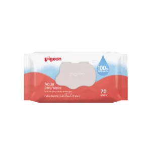 A front view of a 70-pack of Pigeon Aqua Baby Wipes featuring a red and light blue wave design, a white plastic flip-top lid, a 100% pure water droplet graphic, and text highlighting extra gentle SoftCloud fabric for sensitive skin.