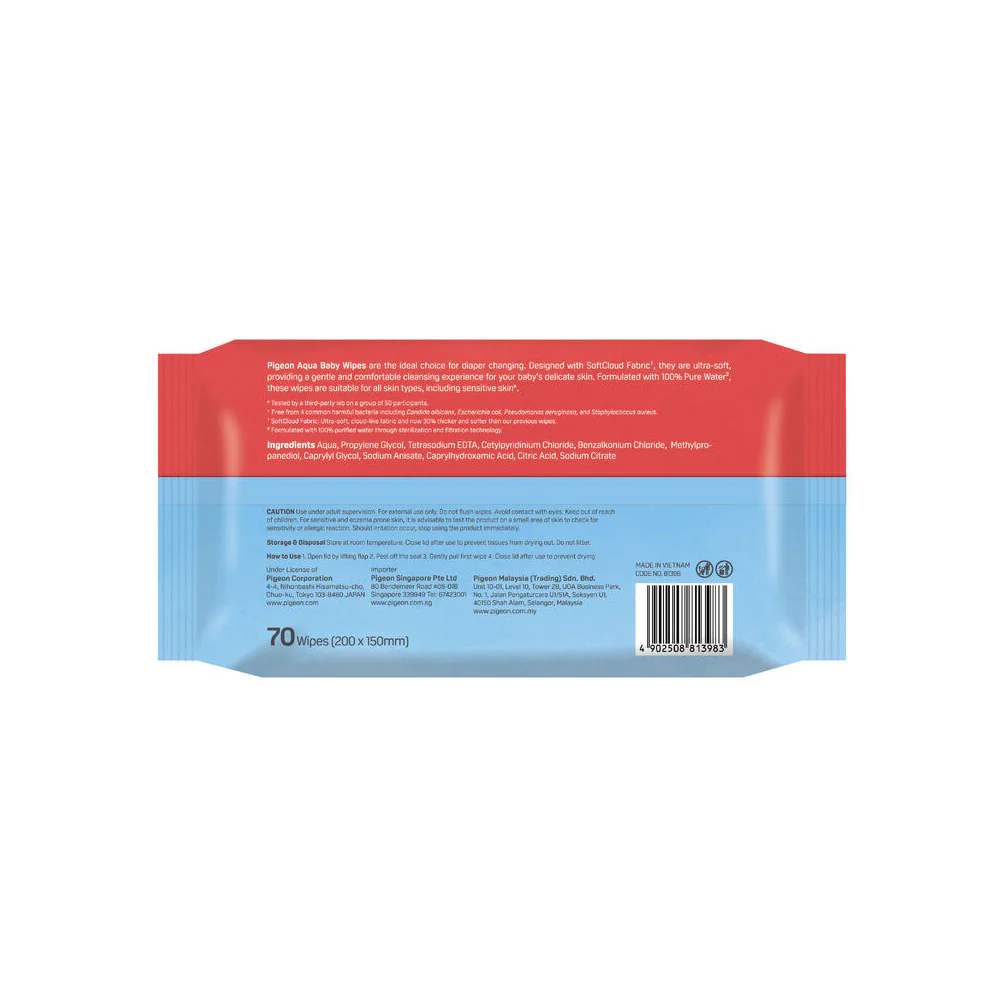 81398_AquaBabyWipes_70sSingle_2 A front view of a 70-pack of Pigeon Aqua Baby Wipes featuring a red and light blue wave design, a white plastic flip-top lid, a 100% pure water droplet graphic, and text highlighting extra gentle SoftCloud fabric for sensitive skin.