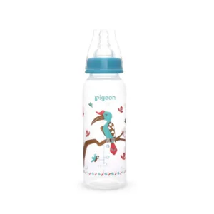 Pigeon Flexible standard neck PP RP feeder bottle 240ml featuring a colorful Hornbill bird illustration with a blue collar cap.
