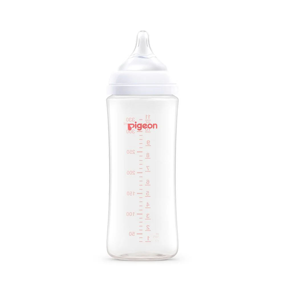 A81291.. Pigeon SofTouch BPP wide neck nursing bottle 330ml with clear measurement markings and a white cap.