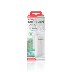 Pigeon SofTouch BPP wide neck nursing bottle 330ml with clear measurement markings and a white cap.