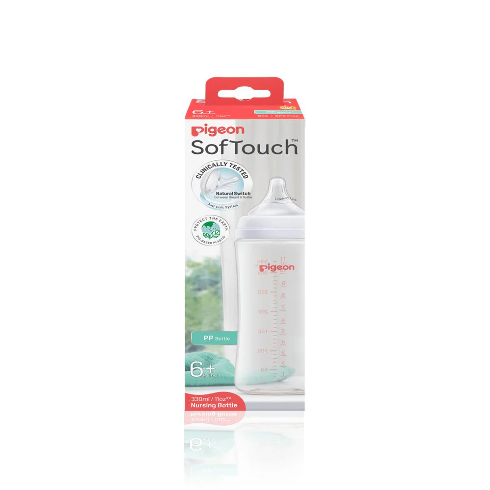 A81291-I Pigeon SofTouch BPP wide neck nursing bottle 330ml with clear measurement markings and a white cap.