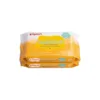 A stacked multi-pack of Pigeon Hand and Mouth Wet Tissues featuring a yellow and white packaging layout, highlighting 100% food-grade ingredients and 20 wipes per pack, designed for babies and mealtimes.