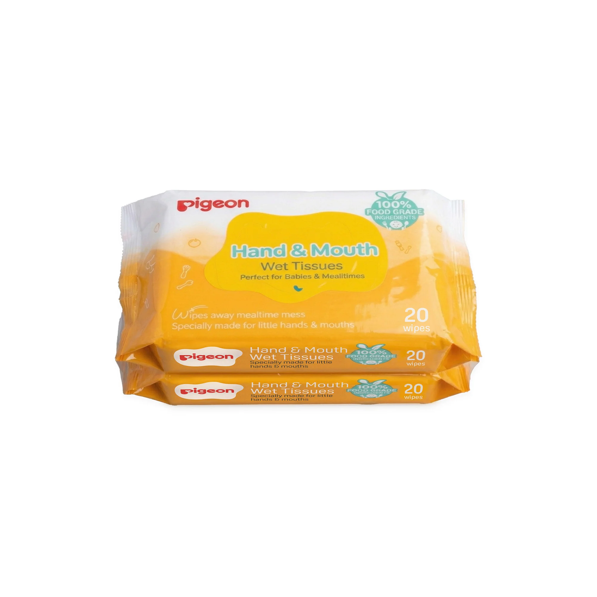 2 A stacked multi-pack of Pigeon Hand and Mouth Wet Tissues featuring a yellow and white packaging layout, highlighting 100% food-grade ingredients and 20 wipes per pack, designed for babies and mealtimes.