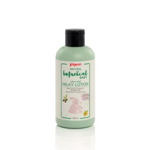 A 200ml bottle of Pigeon Natural Botanical Baby Milky Lotion enriched with olive oil, argan oil, and chamomile for 24-hour hydration, featured on the Mini and Me store.