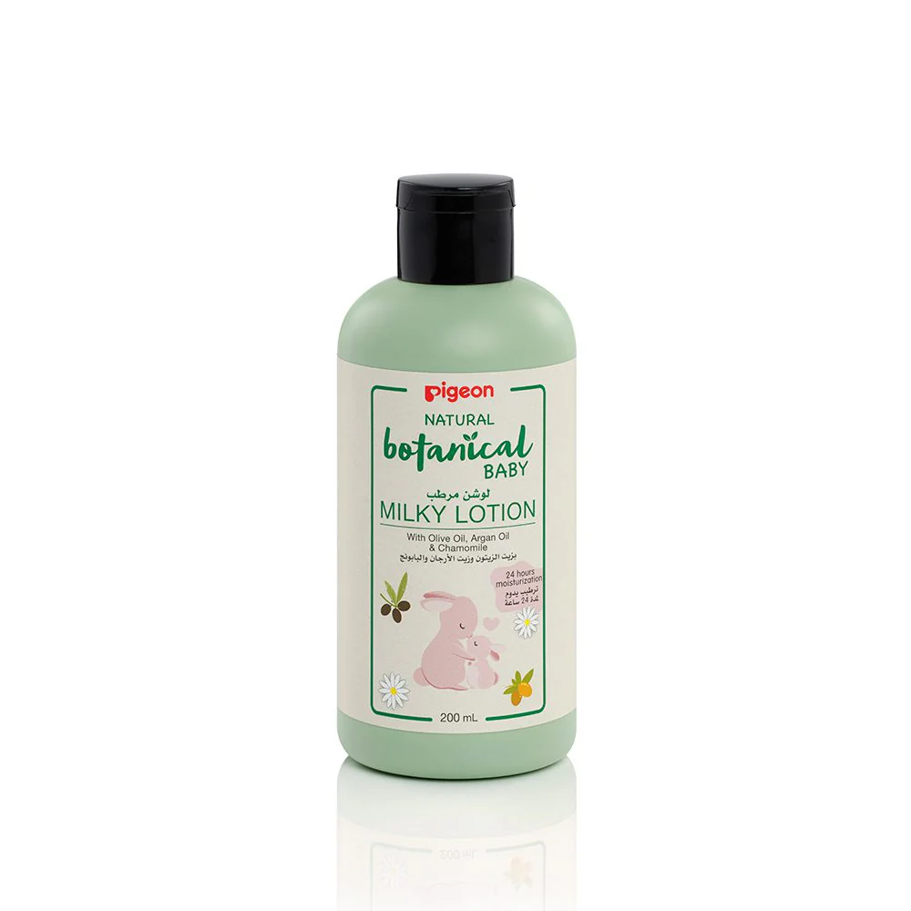 I78411 A 200ml bottle of Pigeon Natural Botanical Baby Milky Lotion enriched with olive oil, argan oil, and chamomile for 24-hour hydration, featured on the Mini and Me store.
