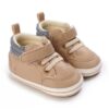 Beige faux leather infant first walker sneakers with soft soles and velcro straps from Mini and Me.