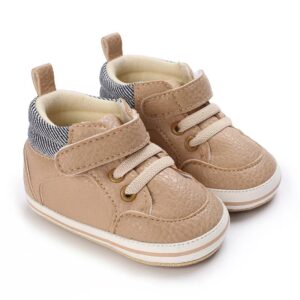 Beige faux leather infant first walker sneakers with soft soles and velcro straps from Mini and Me.