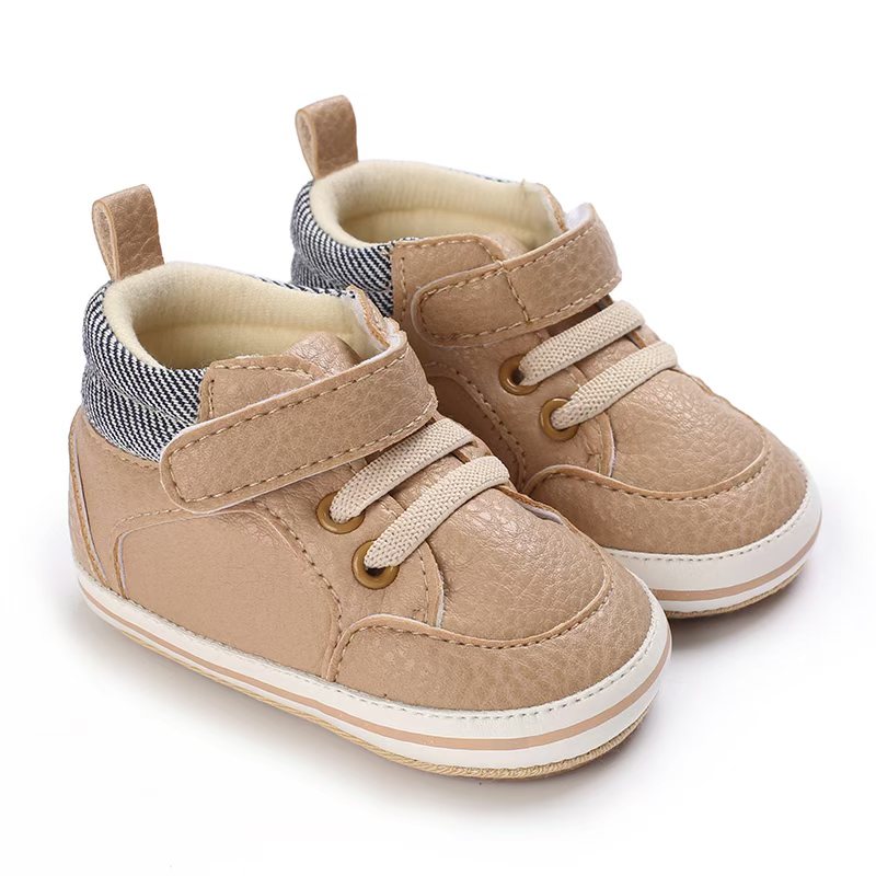 IMG-20260114-WA0093 Beige faux leather infant first walker sneakers with soft soles and velcro straps from Mini and Me.