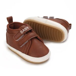 Brown faux leather baby boy first walker sneakers with dual velcro straps and flexible white soft soles from Mini and Me.