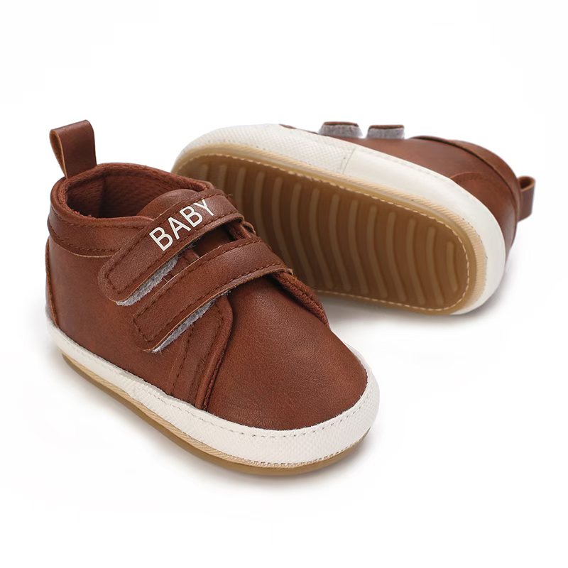 IMG-20260114-WA0097 Brown faux leather baby boy first walker sneakers with dual velcro straps and flexible white soft soles from Mini and Me.
