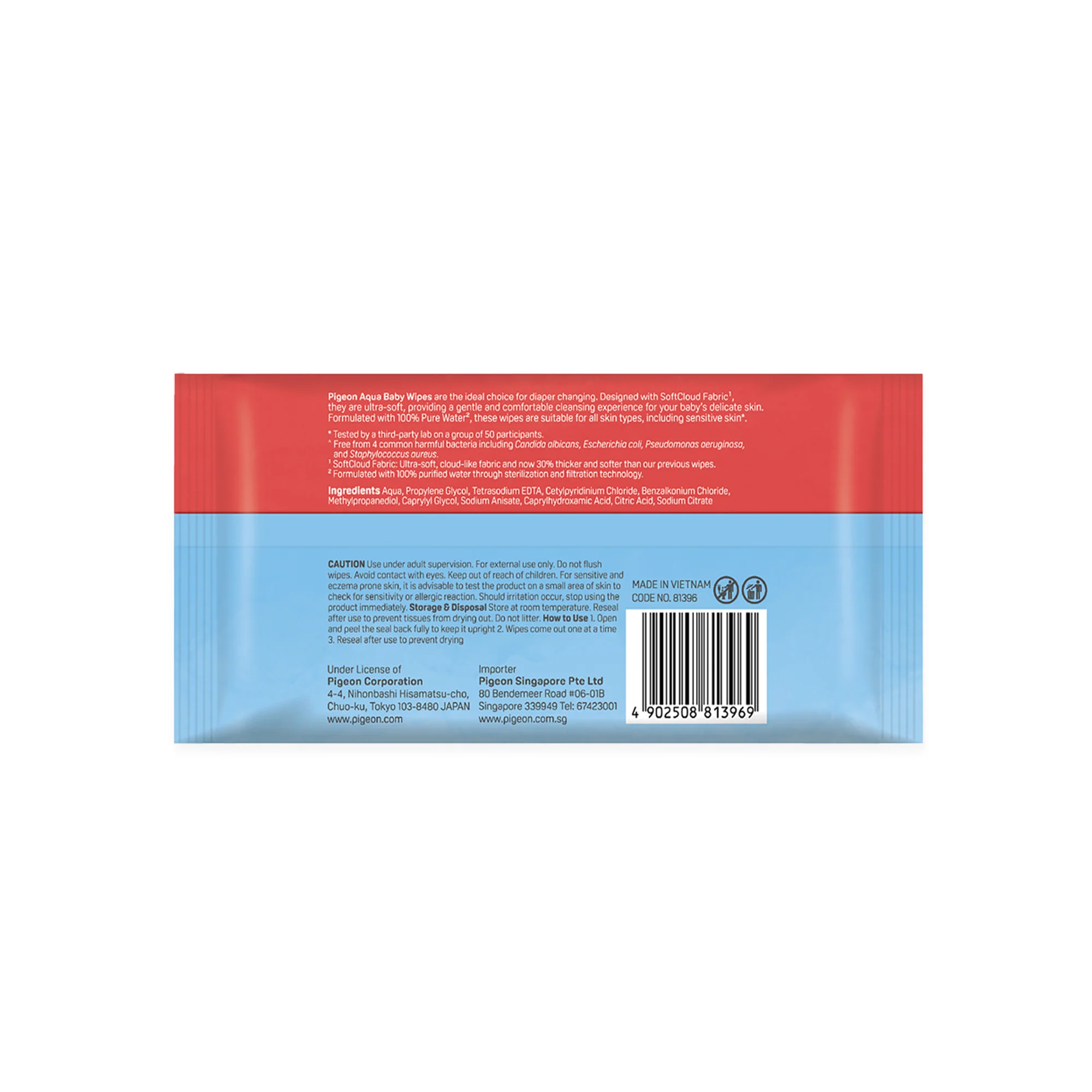 NZqt6y8qc1ZOKUBBFkwxvuhjQchwzuzSInvLhVt5 The back packaging of a Pigeon Aqua Baby Wipes pack with a red and light blue design, showing product descriptions, ingredients, caution details, and a barcode on a clean white background.