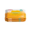 A stacked twin pack of Pigeon Hand and Mouth Wet Tissues featuring a yellow and white packaging layout, highlighting 100% food-grade ingredients and 60 wipes per pack, designed for babies and mealtimes.