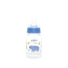 Pigeon Compact Colorful baby bottle for 4+ months featuring a blue rhino print with yellow leaves and a matching blue collar cap.