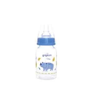 Pigeon Compact Colorful baby bottle for 4+ months featuring a blue rhino print with yellow leaves and a matching blue collar cap.