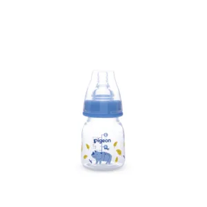 Pigeon Compact Colorful Flexible Feeder baby bottle for 0+ months featuring a blue rhino print with yellow leaves and a matching blue collar cap.