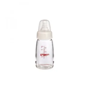Clear Pigeon Nursing Bottle made of premium glass featuring the red Pigeon logo, visible volume measurements, an off-white collar cap, and a clear protective hood.
