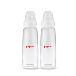 A twin pack containing two clear Pigeon Flexible Peristaltic nursing bottles (240ml) with the red Pigeon logo and clean white collar caps.