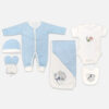 A 7-piece newborn baby starter layette set laid out on a gray background, featuring a light blue and white striped long-sleeve snap romper, a matching striped beanie hat, striped mittens, a rolled white washcloth, a white short-sleeve bodysuit with fish embroidery, a matching hooded blanket, and a feeding bib.