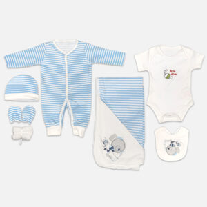 A 7-piece newborn baby starter layette set laid out on a gray background, featuring a light blue and white striped long-sleeve snap romper, a matching striped beanie hat, striped mittens, a rolled white washcloth, a white short-sleeve bodysuit with fish embroidery, a matching hooded blanket, and a feeding bib.