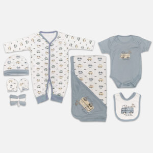 A 7-piece newborn baby starter layette set laid out on a gray background, featuring a white long-sleeve snap romper with a vintage car print, a matching beanie hat, mittens, a rolled white washcloth, a solid blue-gray short-sleeve bodysuit with camper van embroidery, a matching hooded blanket, and a feeding bib.
