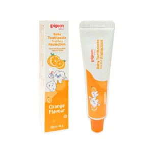 Pigeon baby toothpaste oral care protection orange flavour tube with orange cap and cute cartoon tooth illustrations