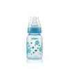 Pigeon Nursing Bottle Crystal PP with an anti-colic teat, featuring a blue and brown bubble balloon pattern print and a matching blue collar cap.