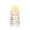 Farlin wide neck baby feeding bottle with a pastel blue protective cap, clear measurement lines, and printed floral pattern on a transparent body.