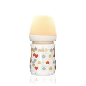 Farlin wide neck baby feeding bottle with a pastel blue protective cap, clear measurement lines, and printed floral pattern on a transparent body.