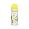 Farlin standard neck baby feeding bottle featuring a solid yellow cap, clear measurement scale, and printed safari animals on a transparent body.