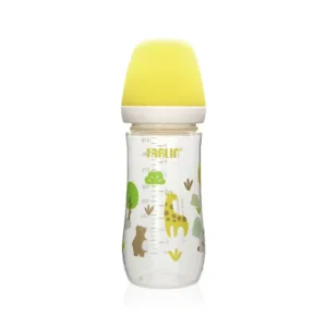 Farlin standard neck baby feeding bottle featuring a solid yellow cap, clear measurement scale, and printed safari animals on a transparent body.